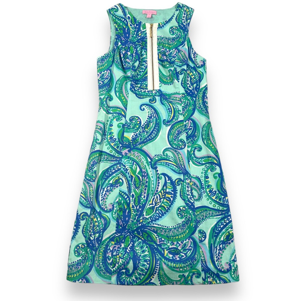 Lilly Pulitzer Penelope Shift Dress 00‎ Poolside Paisley Mini Zip Coastal Blue